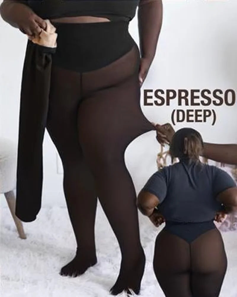 One Seam Fleece Lined Leggings Compression Band Shaping Tights Sheer Warm Stocking Skin Tone Pantyhose Plus Size