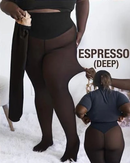 One Seam Fleece Lined Leggings Compression Band Shaping Tights Sheer Warm Stocking Skin Tone Pantyhose Plus Size