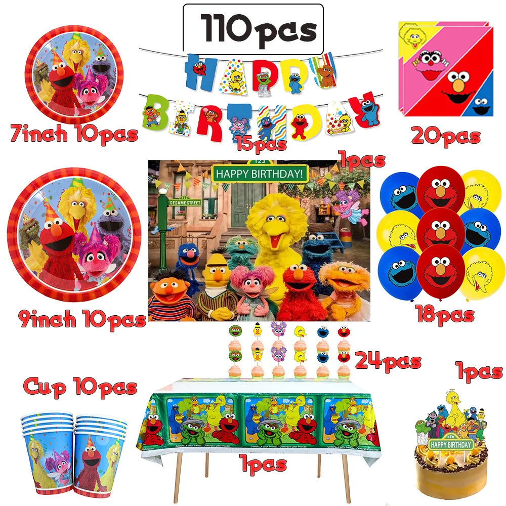 Cartoon Sesames Streeted Birthday Party Decoration Elmo Theme Balloon Set Plates Tissue Tablecloth Party Supplies Baby Shower