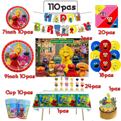 Cartoon Sesames  Street Birthday Party Decor Elmo and Friends Theme Tablecloth Plate Balloon Set Cake Decor Baby Shower