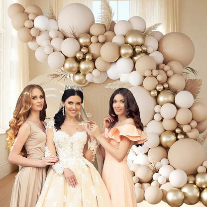 144PCS coffee colored latex balloon wreath set, suitable for wedding season, birthdays, popular parties, and bridal showers