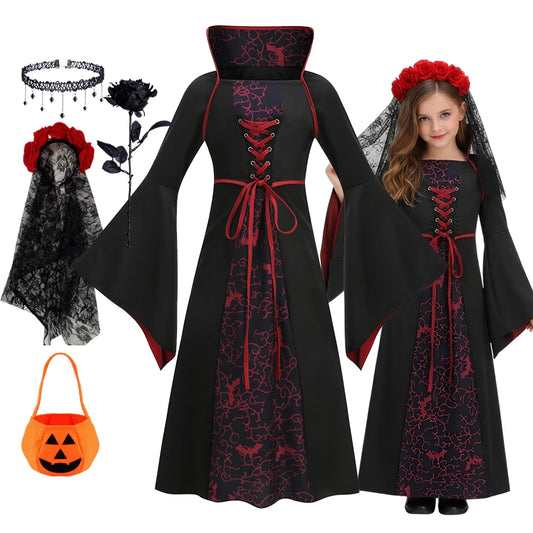 Halloween Cosplay Vestidos Girl Gothic Ghost Bride Dress Up Kid Costume Kids Carnival Party Clothes Party Gifts
