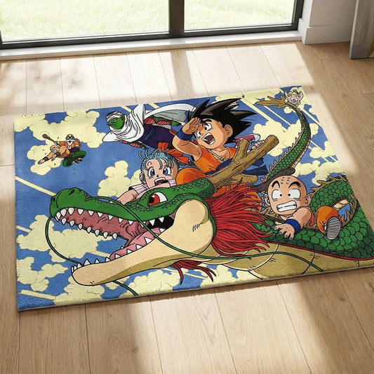 Vintage Dragon Ball Anime Rug: Goku Bulma & Friends Riding Shenron Classic 90s Manga Themed Carpet for Bedroom & Fan Decor