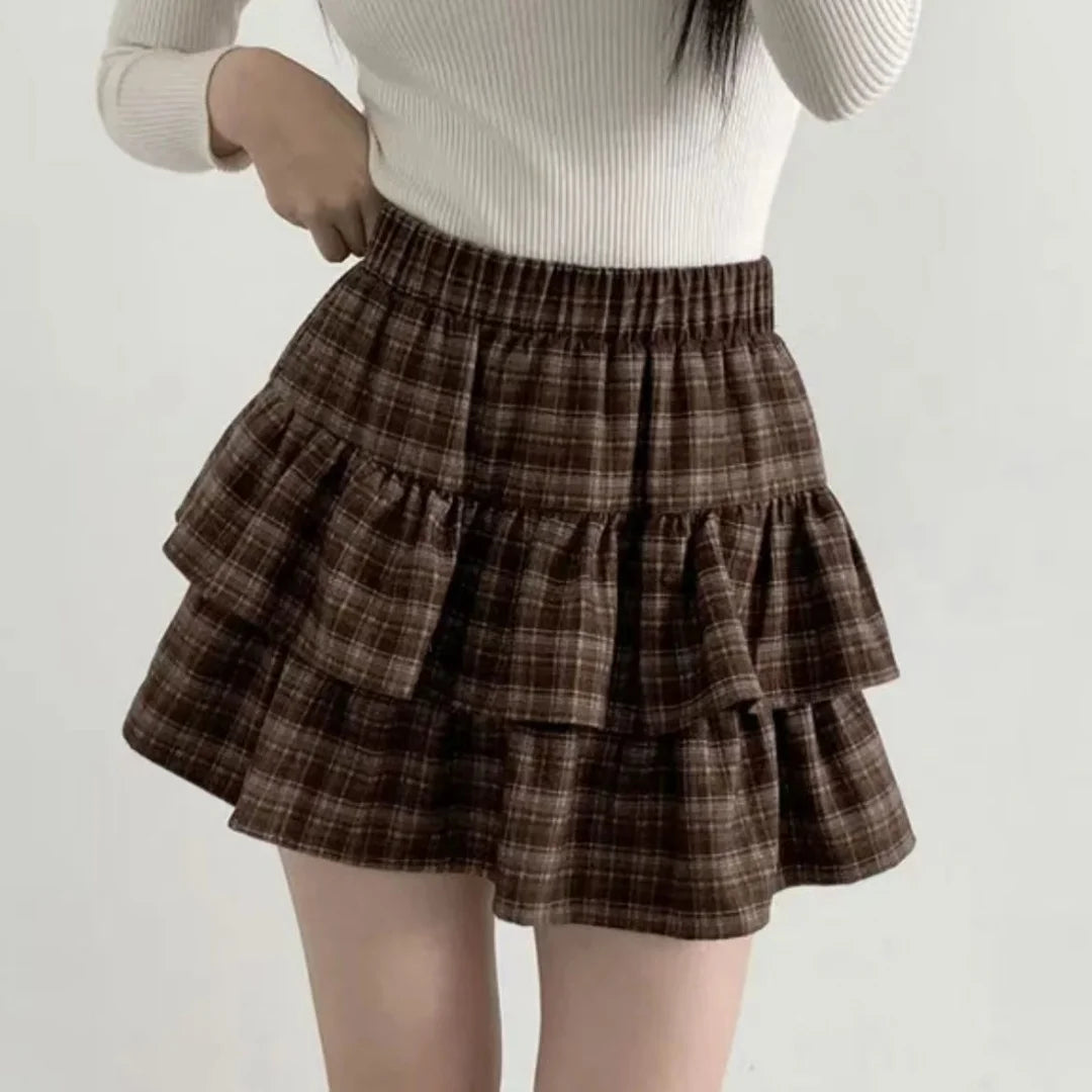 Sweet Cool Kawaii Y2K Puff Mini Skirt Women's Plaid High-Waist Lace Patchwork Bow Casual Dating Skirt  Lolita School Performance