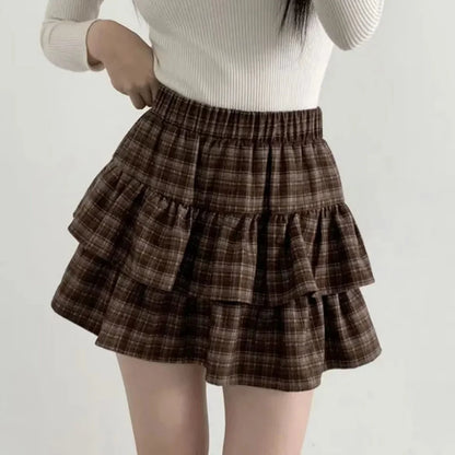 Sweet Cool Kawaii Y2K Puff Mini Skirt Women's Plaid High-Waist Lace Patchwork Bow Casual Dating Skirt  Lolita School Performance
