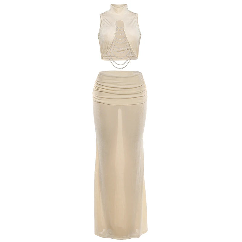 Weird Puss Elegant Banquet 2 Piece Set Women Sexy Bead Patchwork Turtleneck Tank Top+Ruched Mesh Hem Skirts Chic Party Clubwear