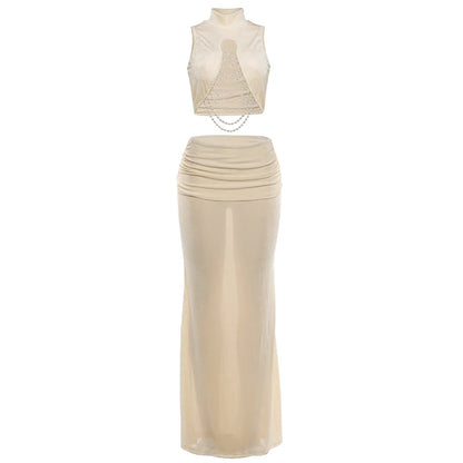 Weird Puss Elegant Banquet 2 Piece Set Women Sexy Bead Patchwork Turtleneck Tank Top+Ruched Mesh Hem Skirts Chic Party Clubwear