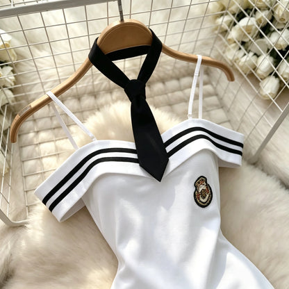 Sexy Mini Dresses Hotsweet Uniform Style Club Slimming Dress Retro Striped One-Shoulder Bodycon Short Skirt Sleeveless Fashion