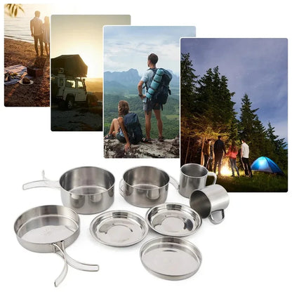 8 pcs/set camping cookware mess kit stainless steel cooking pot and pan set with plates cups for outdoor hiking backpacking
