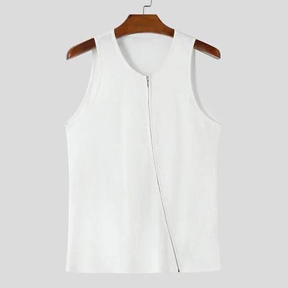 Men's Casual Y2K Ribbed Tank Tops Diagonal Zipper Vest Slim Fit Muscle Gym Sleeveless T-shirts Bodybuilding Workout Tank for Men