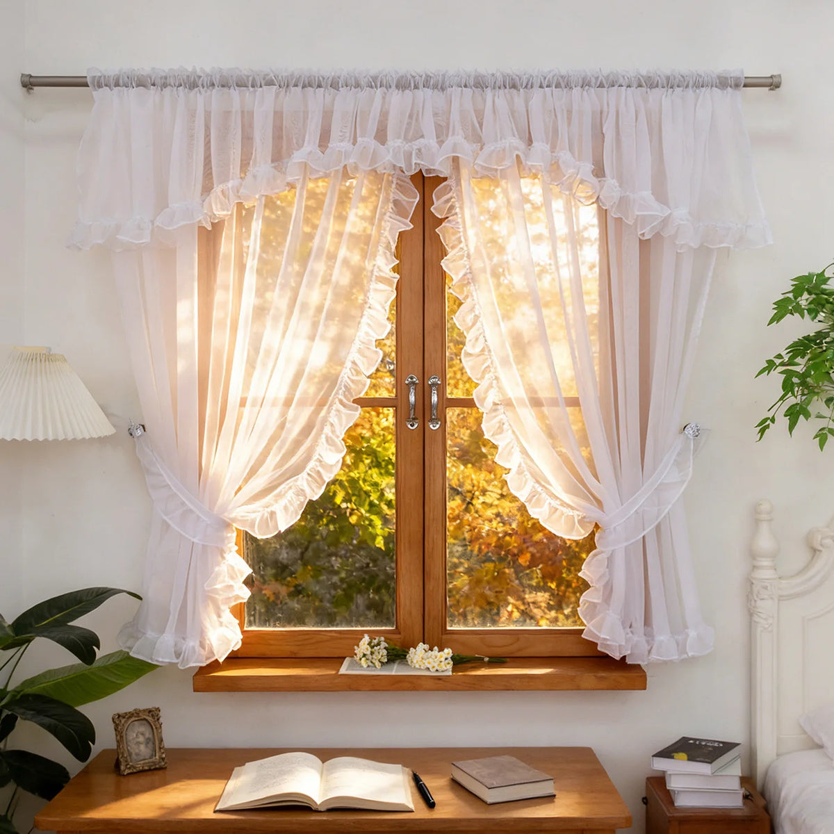 1PC Rod Pocket White Ruffle Edge Sheer Curtain, Light Filter Window Drape, For Kitchen Living Room, Sweet Housewarming Gift