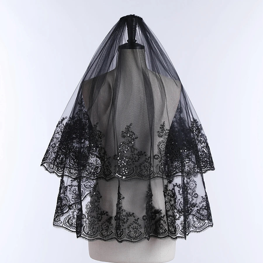 New Arrival Wedding Veil 2 Layers Appliqued Edge Bride Veils Short Black Lace Bridal Veils Boda 2025