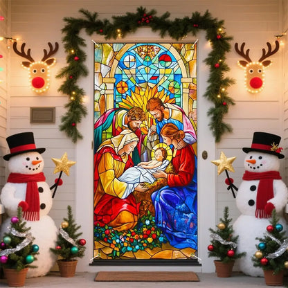 Christmas Door Banner Stained Glass Jesus Nativity Design Religious Holiday Theme Decorative Door Cover Outdoor Christian Decora
