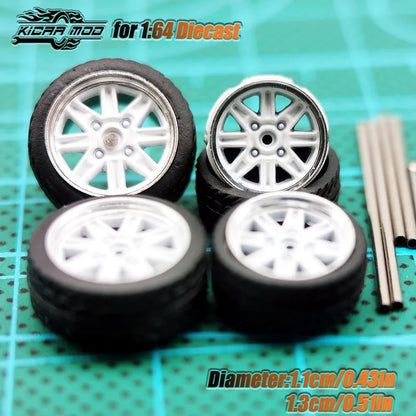 Kicarmod 1/64 Model Car ABS Wheels with Rubber Tire Metal Rims Front Small Rear Large Refitting Parts For Model Car