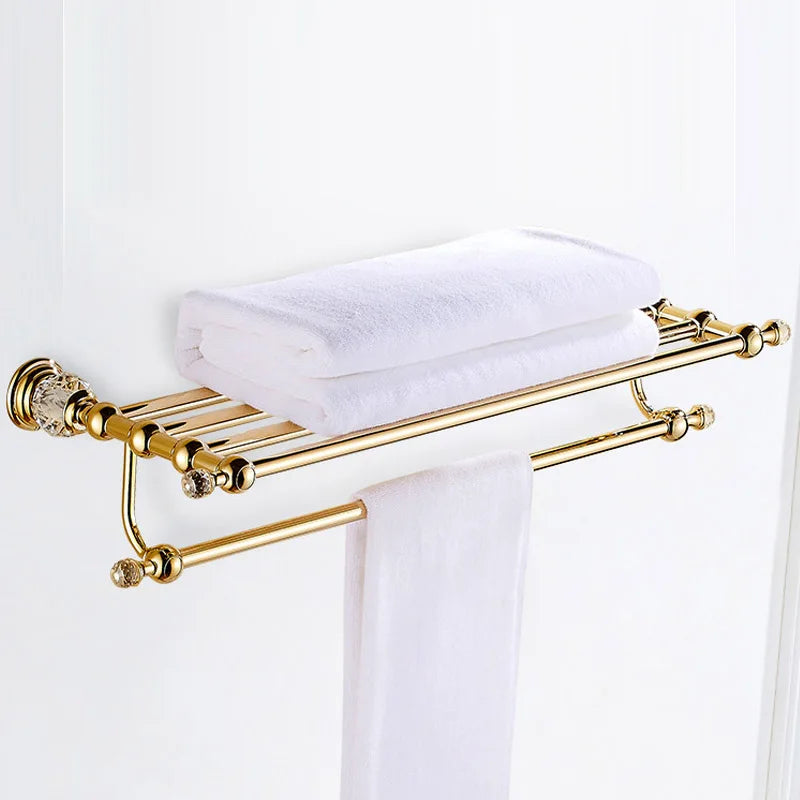 Luxury Gold Polished Brass Bathroom Accessories Set - Wall-Mounted Crystal Bath Hardware Collection