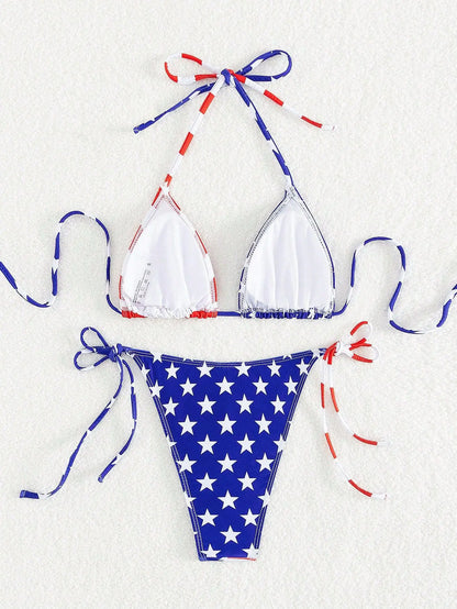 American Flag Print Micro Bikini Set Adjustable Patriotic Tie-Front Halter Two-Piece Swimsuit Summer Women Sexy Swimming Clothes