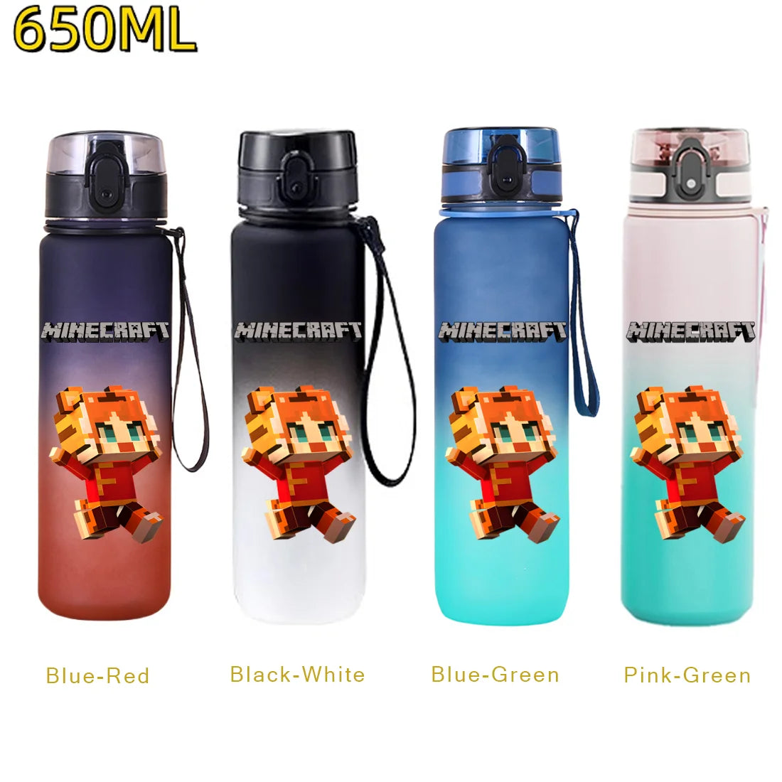 650ML Minecraft Sports Water Bottle LeakProof Plastic Cup Fitness Outdoor Shaker Drink Bottle Travel Office Jugs Birthday Gifts