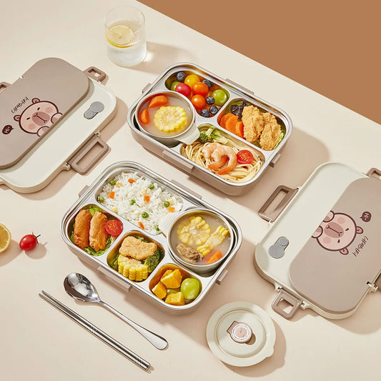 1500ML 4/5 Grids Portable Capybara 304 Stainless Steel Lunch Box With Bowl&Cutlery Student Kids Lunch Container Microwave Safe