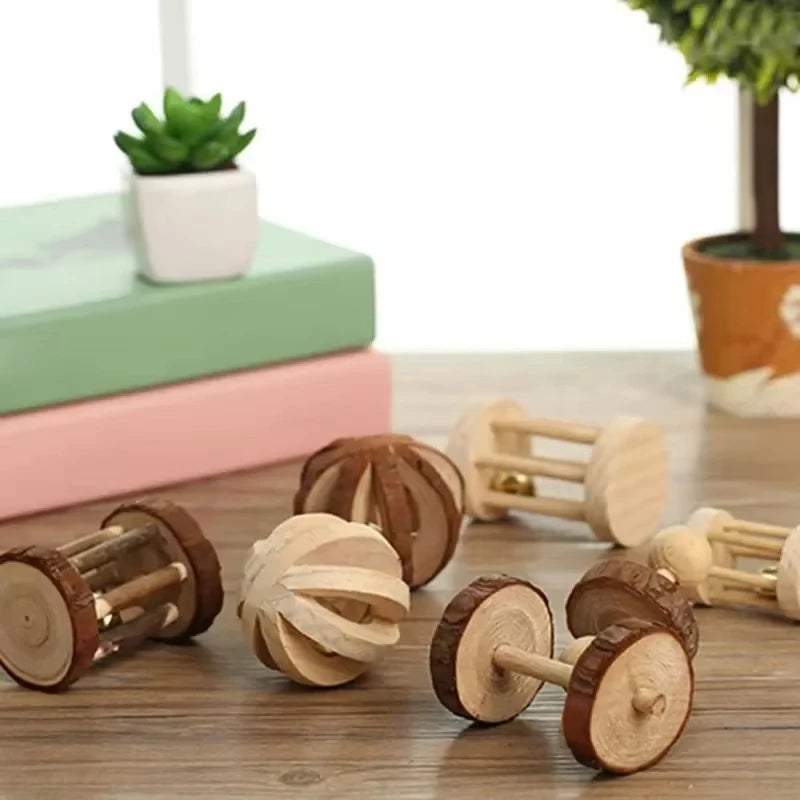 Guinea Pig Rabbit Hamster Small Animal Play Pet Roller Toys Natural Wooden Pine Dumbells Unicycle Bell Chew Chewing Braided Ball
