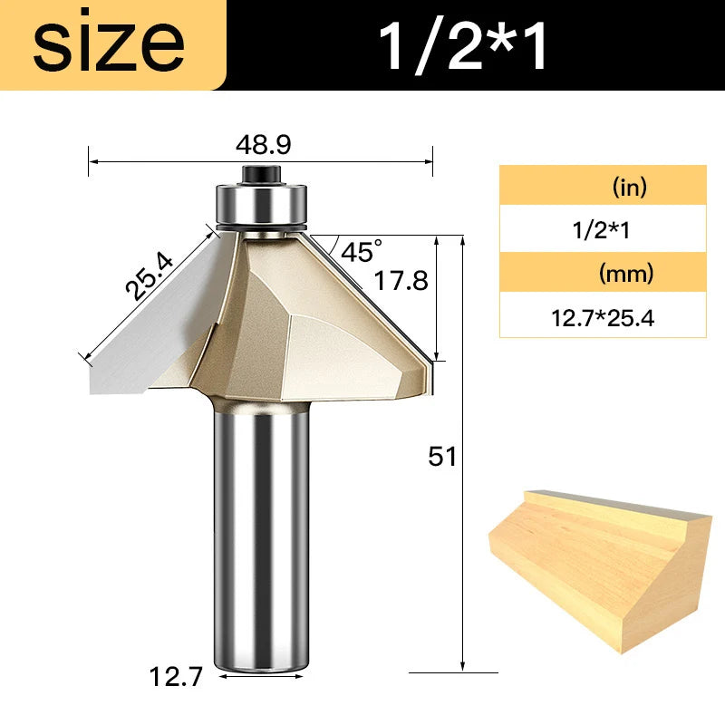 Tideway 45 Deg Bevel Edge Forming Chamfer Router Bits with Bearing Chamfering CNC Wood Cutting Tools Woodworking Milling Cutter