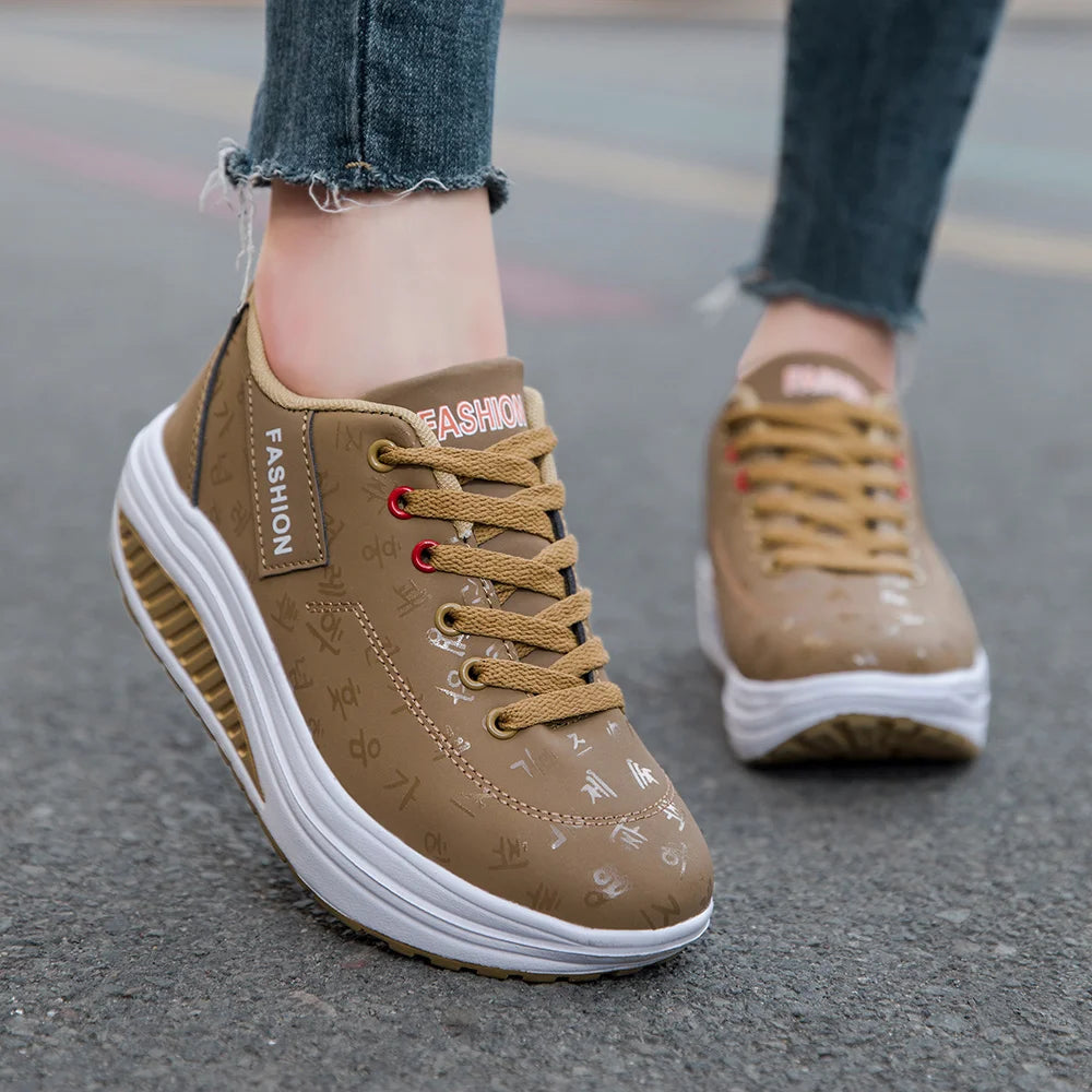 Ladies Casual Sports Shoes Breathable Comfortable Wedge Heel Thick Sole Sneakers Lace-up shoes