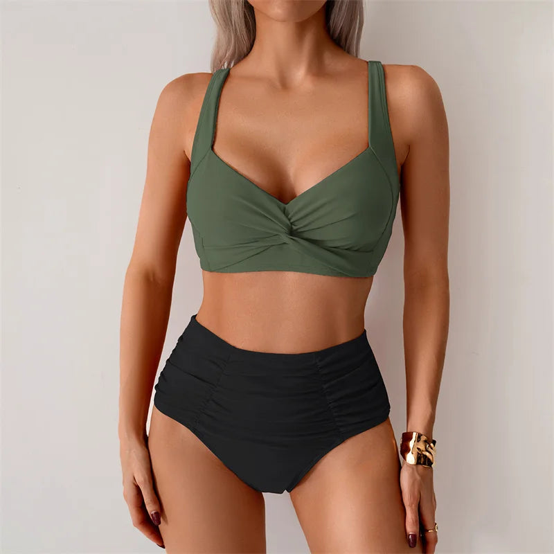 High Waist Women’s Two Piece Swimsuit Female Bikini Swimwear Beach Surfing Brazilian Classical Bathing Suits Ladies 2025