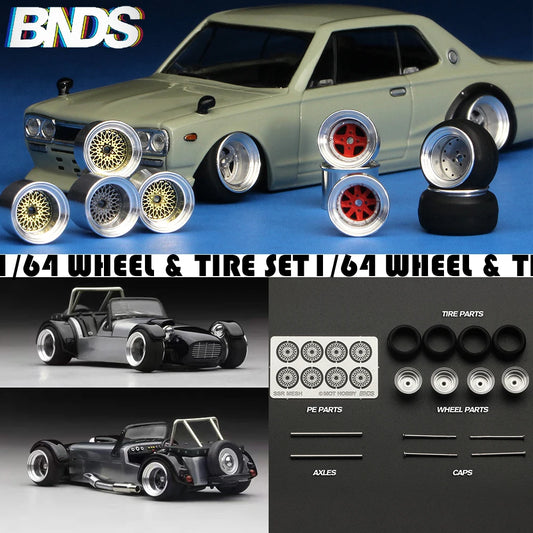 BNDS 1/64 Metal Model Wheel Hubs Rubber Tire Alloy Design Rims Modified Parts JDM VIP Style for Model Cars Vehicle 1:64 4pcs Set