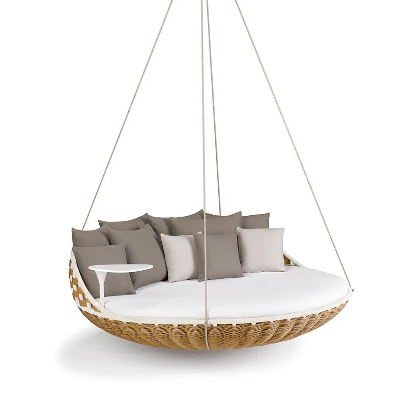 Outdoor Hanging Daybed Round Wicker Rattan Swing Bed Patio Garden Sofa Large Hammock Lounge Chair Waterproof Cushion