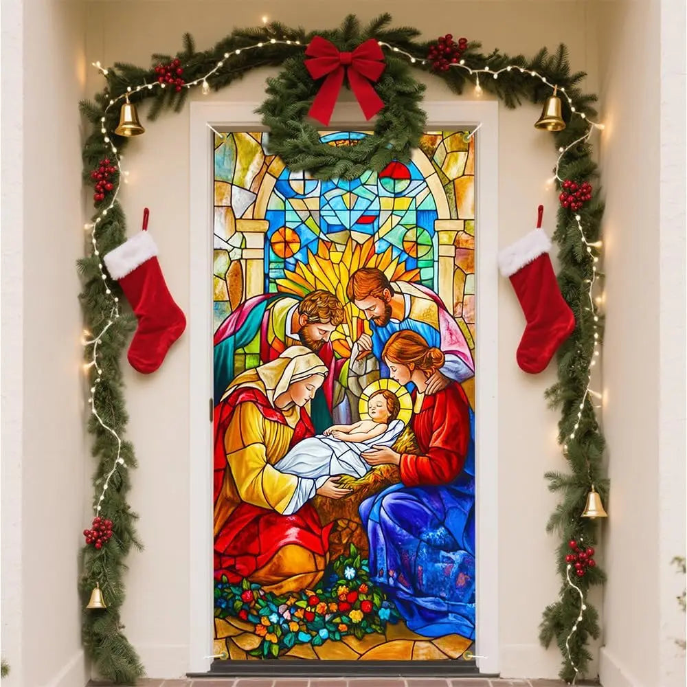 Christmas Door Banner Stained Glass Jesus Nativity Design Religious Holiday Theme Decorative Door Cover Outdoor Christian Decora