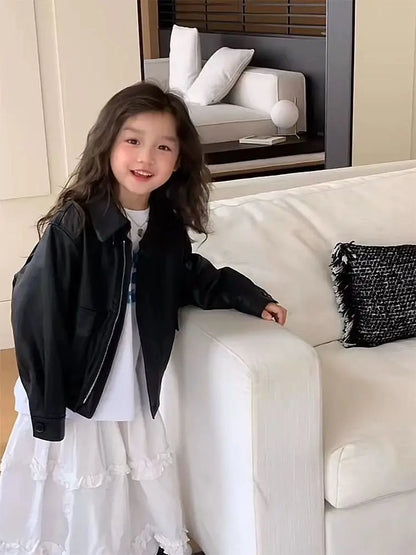 Children's Leather Jacket Spring Autumn New Style Boys Girls Korean Fashionable Biker Coat Kids Clothing