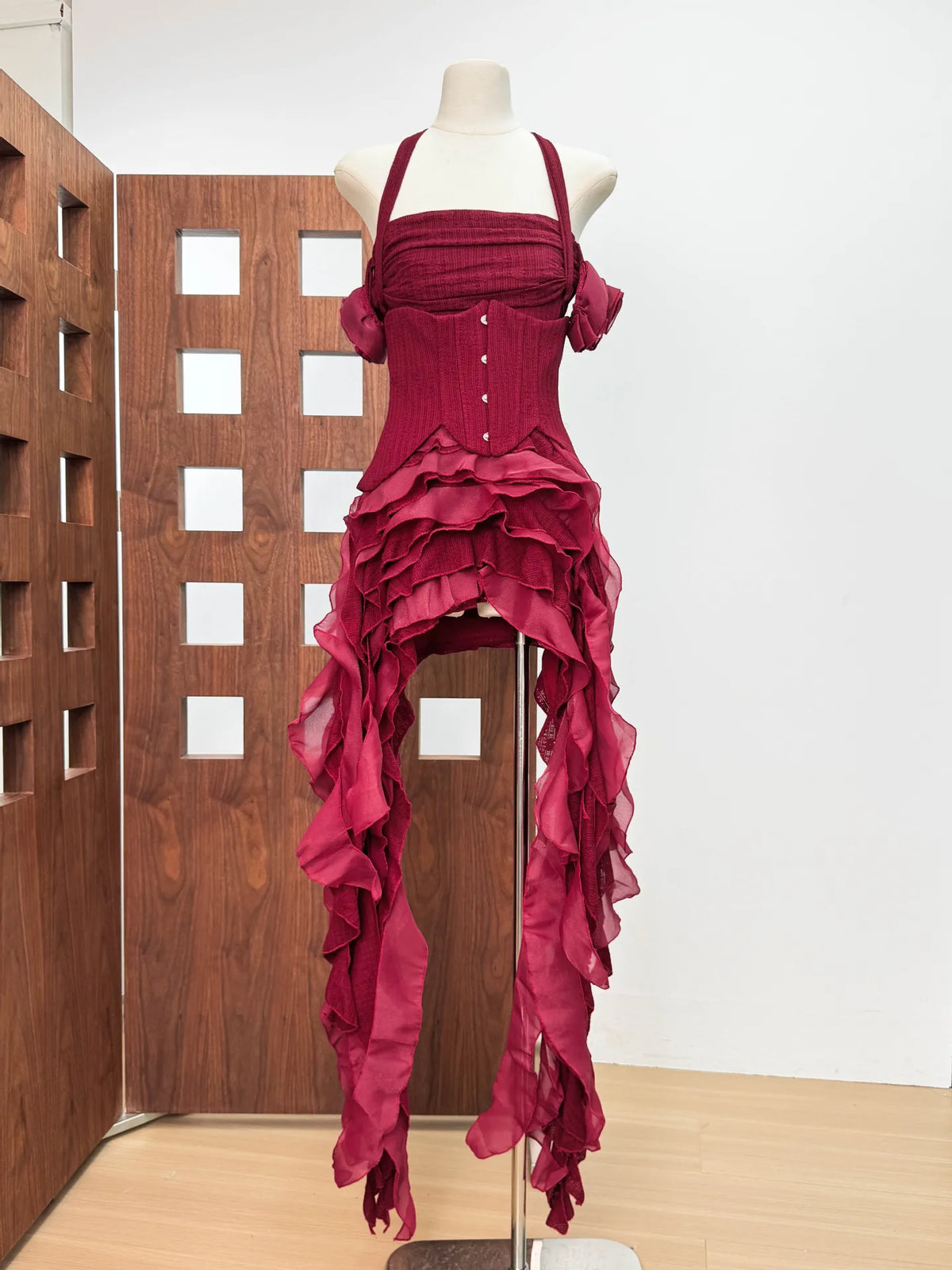 Women Skirt Suit Draped Dress Three Piece Sets Sexy Halter Ruffled Dress Lace-up Corset Top Shorts Party Cocktail Dress Vestidos