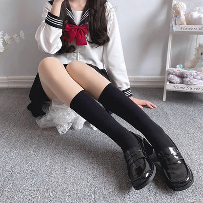 Solid Color Black White Long Socks Women Stockings JK Girls Thigh High Stockings Velvet Breathable Knee High Socks Stockings Sox