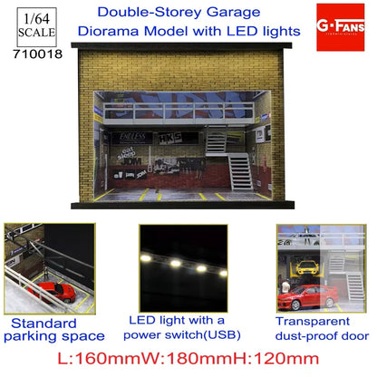 1/64 Scale Miniature LED Lighted Car Garage Diorama Model Realistic Parking Lot Scene Collectible Display for Enthusiasts
