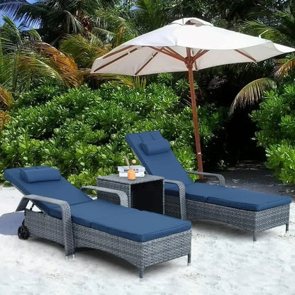 # Hot Patio Rattan Chaise Lounge With Rolling Wheels Adjustable Reclining Backrest 3-Piece PE Wicker Sun Bathing Chair Furniture