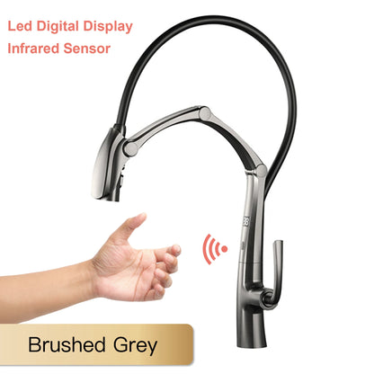 AITANA Gun Grey Luxury Brass LED Display Kitchen Faucet，Touchless Sensor，Pull-Out 3-Function Spray Water-Saving SinK Mixer