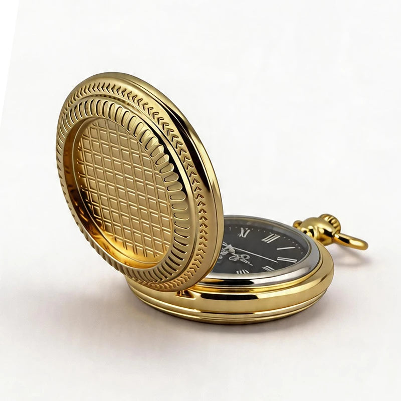 Mens Vintage Gold Pocket Watch Roman Numeral Black Dial Quartz Pocket Watch Classic Retro Pocket Watch Casual Dress Wristwatch