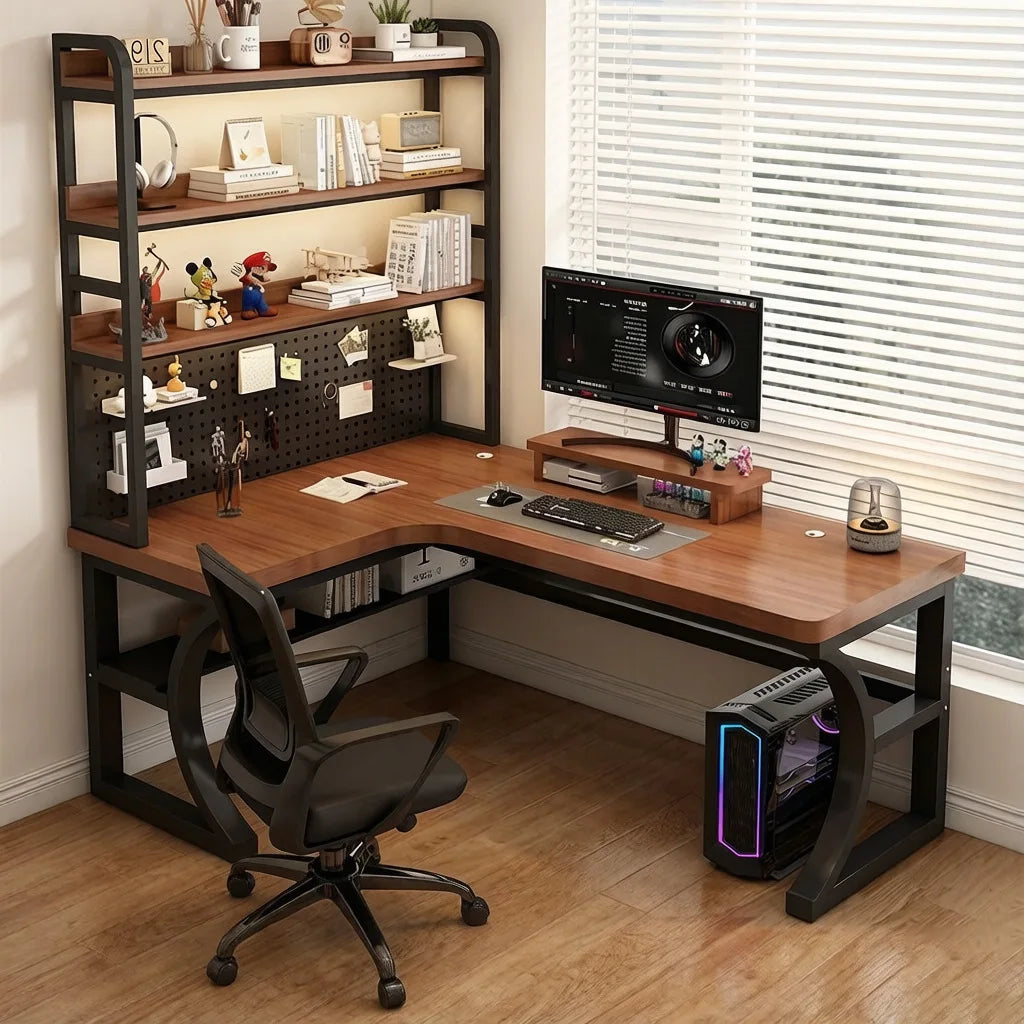 Computer Desk Corner Multi Functional Double Writing Table L Shaped Office Desk with Bookshelf Study Desk for Home Furniture