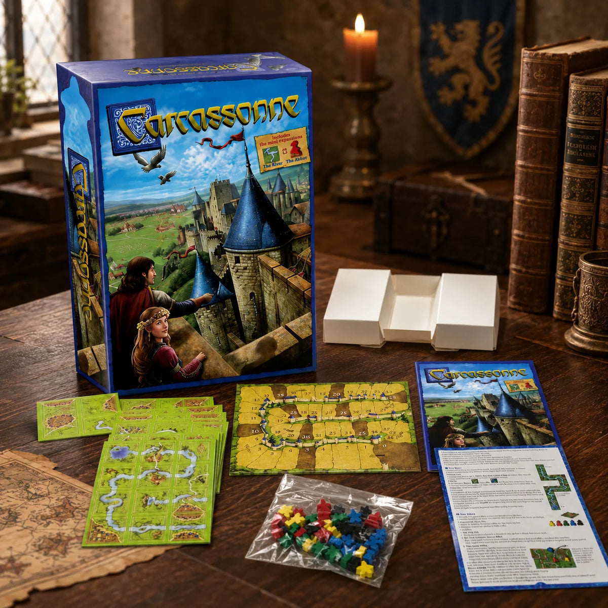 Carcassonne Tile Placement Board Game 48PCS Medieval City Strategy Game with Meeples Scoreboard English Version