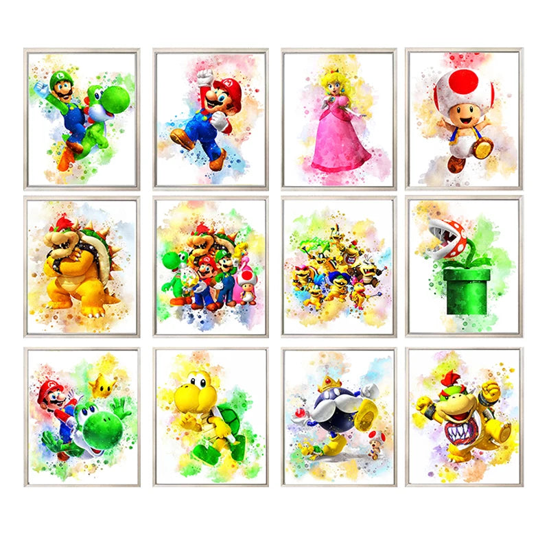 Graffiti Watercolour Art Mario Poster Prints Playroom Canvas Paintings Wall Picture Living Room Kids Bedroom Home Decor Cuadros