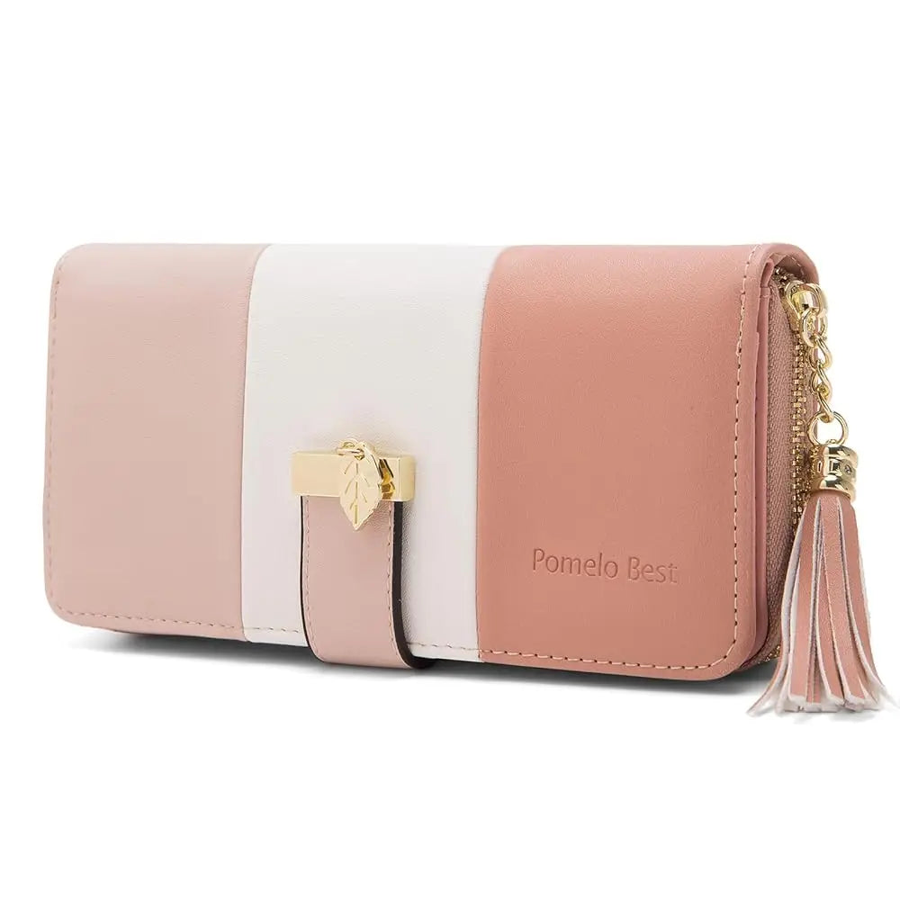 Pomelo Best Tri‑Color Women's Wallet PU Leather Long Zipper RFID Blocking Large Capacity 9 Card Slots Tassel Pendant Fits Phone