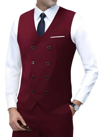 Men Double Breasted Vest British Style Slim Fit Business Formal Waistcoat High Quality Suit Vest Multiple Colors