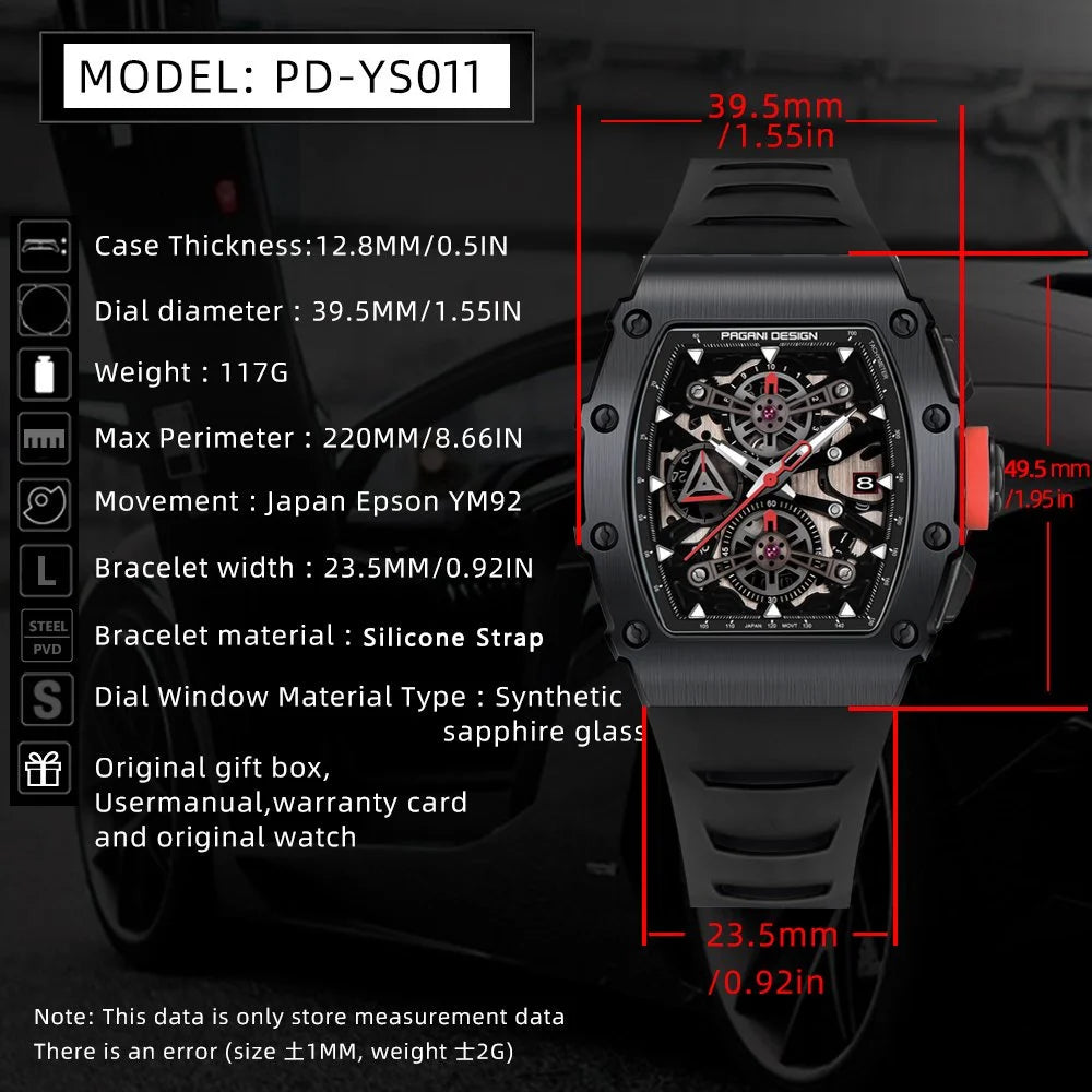 PAGANI DESIGN Wine Barrel Hollow out Men's Time Watch Top Sapphire Stainless Steel Men's Multi Functional Sports Watch