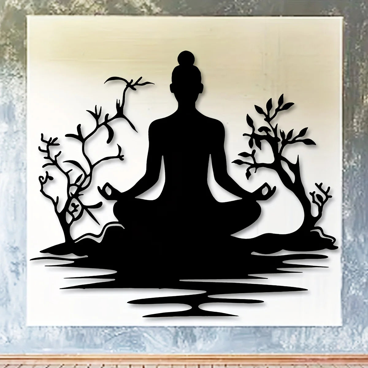 1pc Modern Metal Buddha Statue Wall Sculpture with Zen Tree Design - Black Golden Art Decor for Home  Tranquil Meditation Pose