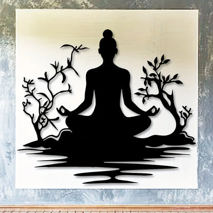 1pc Modern Metal Buddha Statue Wall Sculpture with Zen Tree Design - Black Golden Art Decor for Home  Tranquil Meditation Pose
