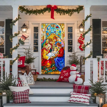 Christmas Door Banner Stained Glass Jesus Nativity Design Religious Holiday Theme Decorative Door Cover Outdoor Christian Decora
