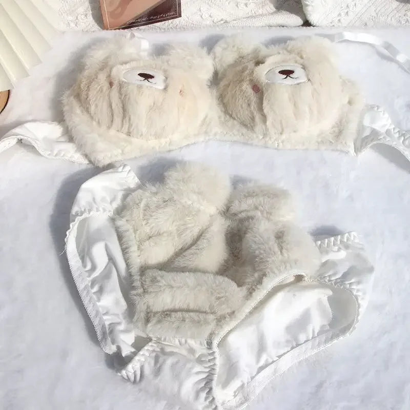 Japanese Cute Girl Plush Underwear Autumn And Winter Japanese Bra Set Without Underwire Warm