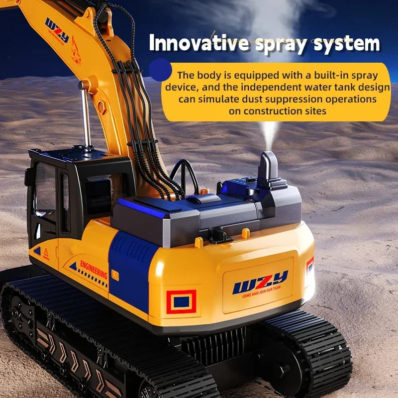Large Alloy RC Excavator Remote Control Construction Vehicle with Operation Console, LED Light, 680° Rotation, Digger Truck Toy