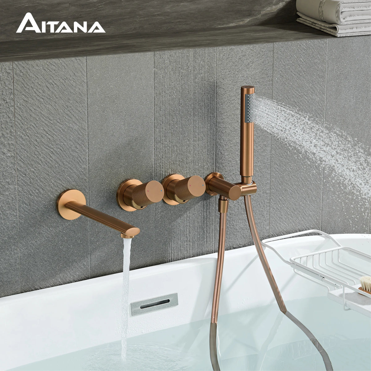 AITANA Luxury Rose Gold Brass Wall Mounted Bathtub Faucet Two Handle Hot Cold Water Embedded 2 Functions Bathroom Mixer Tap
