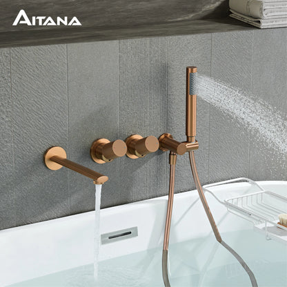 AITANA Luxury Rose Gold Brass Wall Mounted Bathtub Faucet Two Handle Hot Cold Water Embedded 2 Functions Bathroom Mixer Tap
