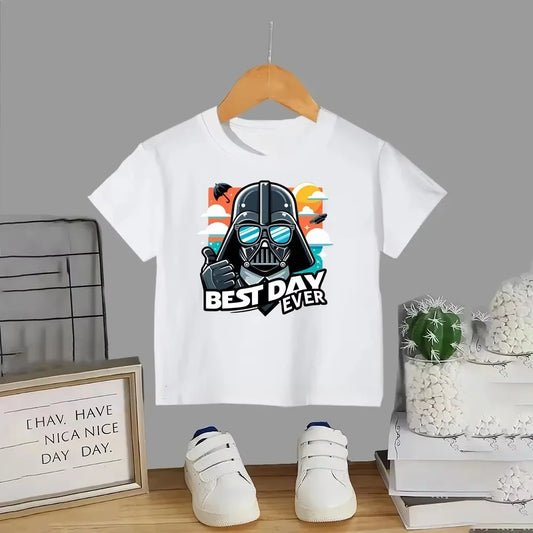 2026 Summer Star Wars Darth Vader Best Day Ever Kids Cotton Crew Neck Short Sleeve T-shirt Breathable Cute Movie Streetwear